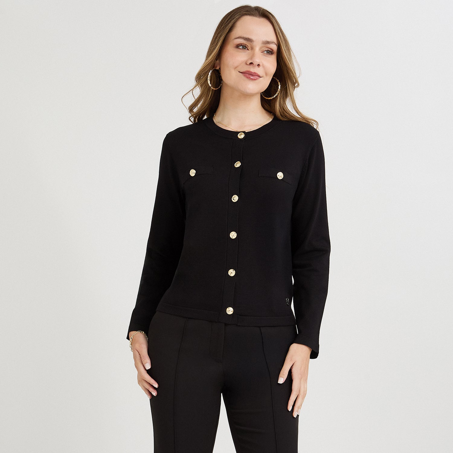 Cardigan Escote Redondo con Bolsillos Falsos Negro